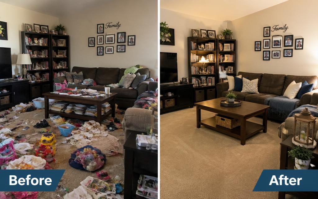 Living room organizing and cleaning before and after — toys and clutter transformed into a tidy, inviting space