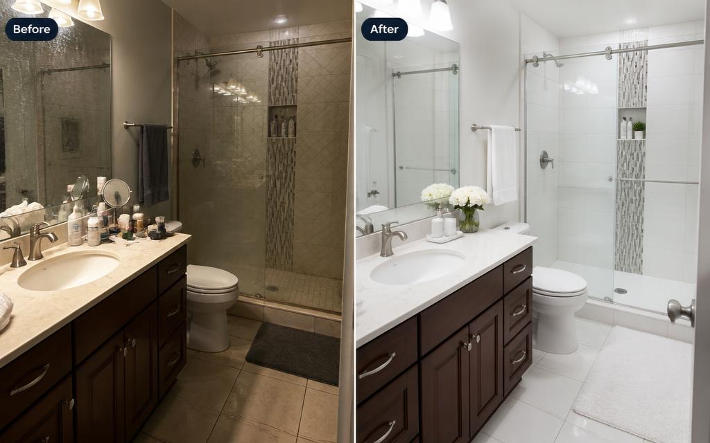 Bathroom before and after — soap scum and stained grout transformed into a sparkling, fresh space
